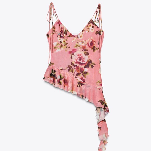 Zara Printed Tulle Strappy Pink Floral Top - Picture 1 of 7